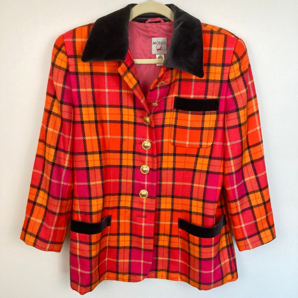VTG Mondi Wool Plaid Velvet Collar Power Blazer Womens M READ Preppy Retro